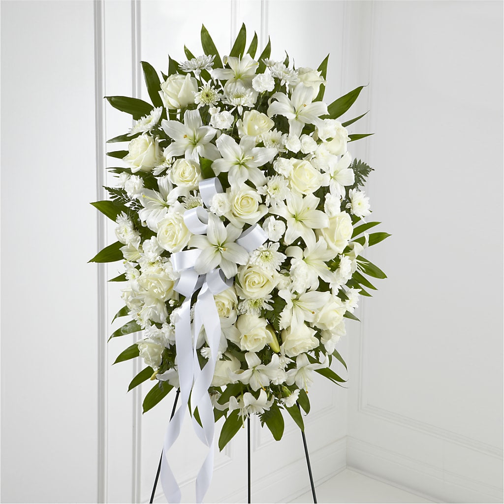 Exquisite Tribute Standing Spray-White Ribbon – STEPHANIE'S GREENS-N-THINGS, West Hazleton PA