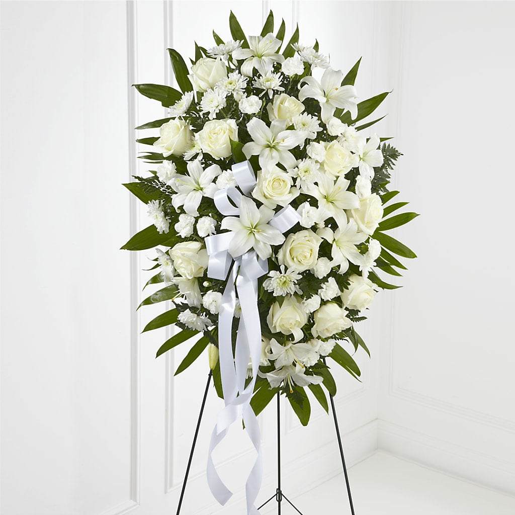 Exquisite Tribute Standing Spray-White Ribbon – STEPHANIE'S GREENS-N-THINGS, West Hazleton PA